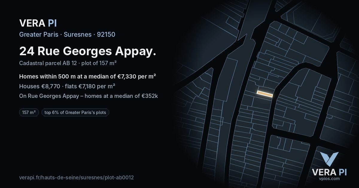 24 Rue Georges Appay, Suresnes at night – the plot lit, the parcels around coloured by the prices near them