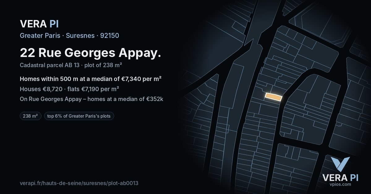 22 Rue Georges Appay, Suresnes at night – the plot lit, the parcels around coloured by the prices near them