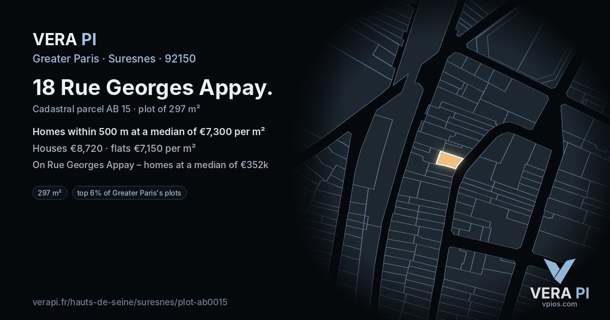 18 Rue Georges Appay, Suresnes at night – the plot lit, the parcels around coloured by the prices near them