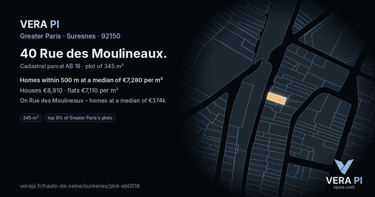 40 Rue des Moulineaux, Suresnes at night – the plot lit, the parcels around coloured by the prices near them