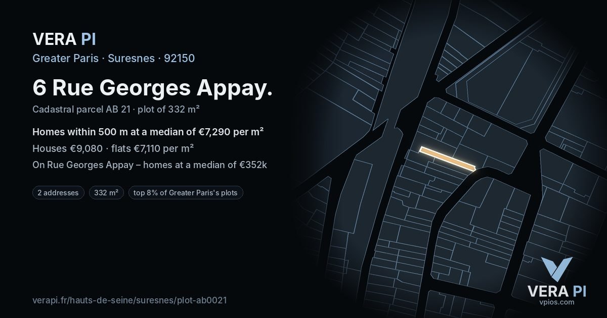 6 Rue Georges Appay, Suresnes at night – the plot lit, the parcels around coloured by the prices near them