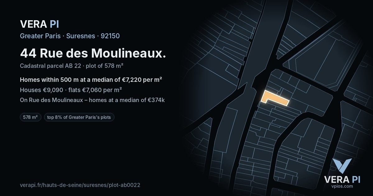 44 Rue des Moulineaux, Suresnes at night – the plot lit, the parcels around coloured by the prices near them