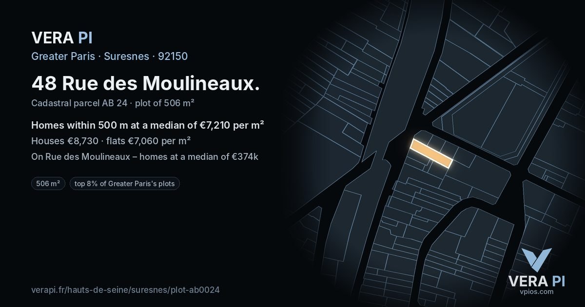 48 Rue des Moulineaux, Suresnes at night – the plot lit, the parcels around coloured by the prices near them