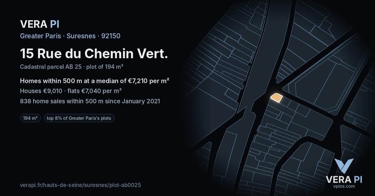 15 Rue du Chemin Vert, Suresnes at night – the plot lit, the parcels around coloured by the prices near them