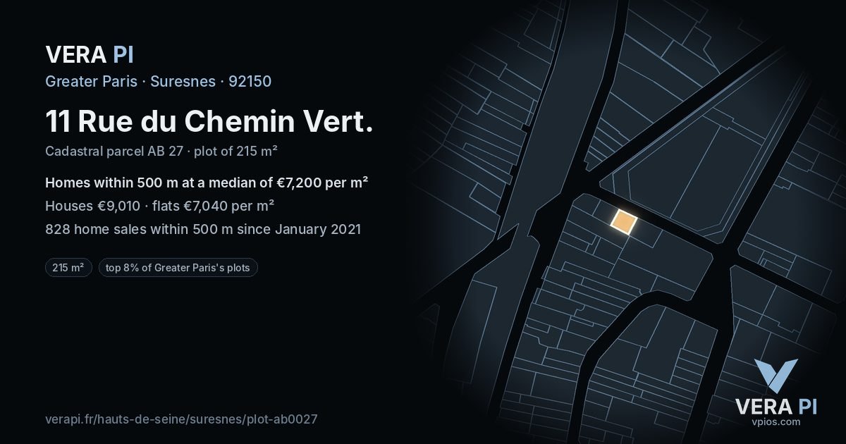 11 Rue du Chemin Vert, Suresnes at night – the plot lit, the parcels around coloured by the prices near them