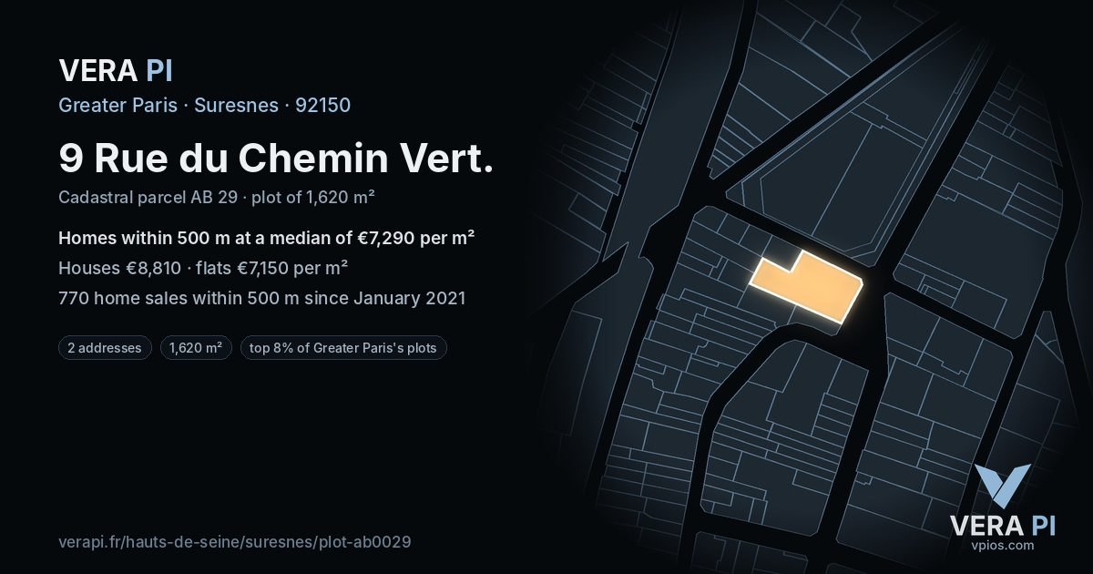 9 Rue du Chemin Vert, Suresnes at night – the plot lit, the parcels around coloured by the prices near them