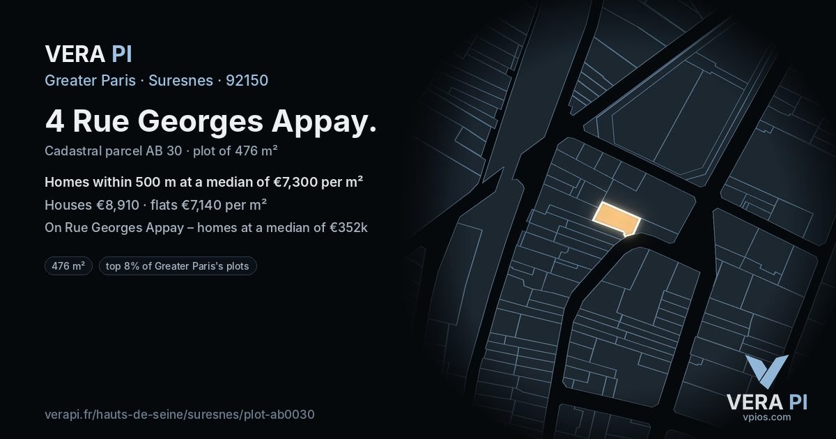 4 Rue Georges Appay, Suresnes at night – the plot lit, the parcels around coloured by the prices near them