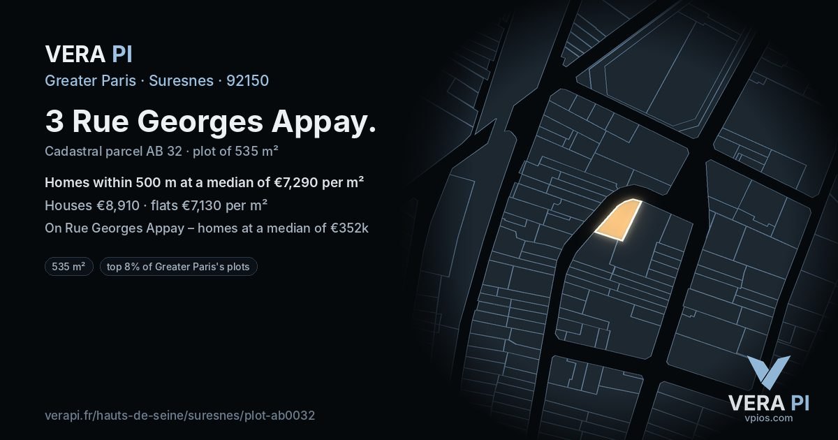 3 Rue Georges Appay, Suresnes at night – the plot lit, the parcels around coloured by the prices near them