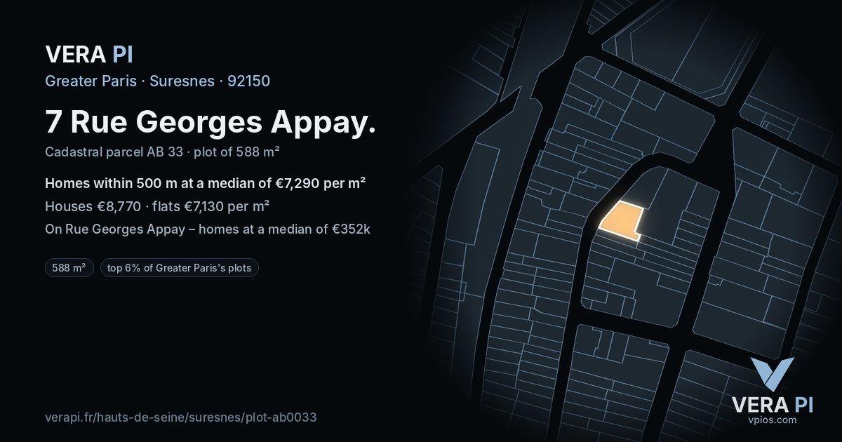 7 Rue Georges Appay, Suresnes at night – the plot lit, the parcels around coloured by the prices near them