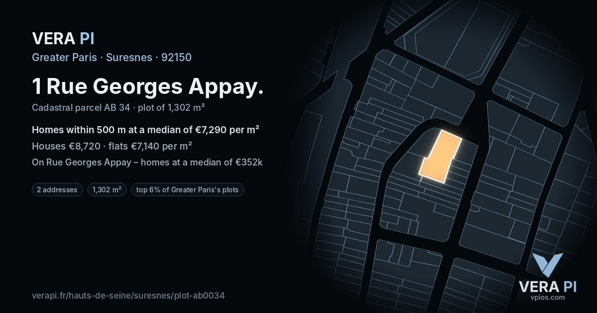 1 Rue Georges Appay, Suresnes at night – the plot lit, the parcels around coloured by the prices near them