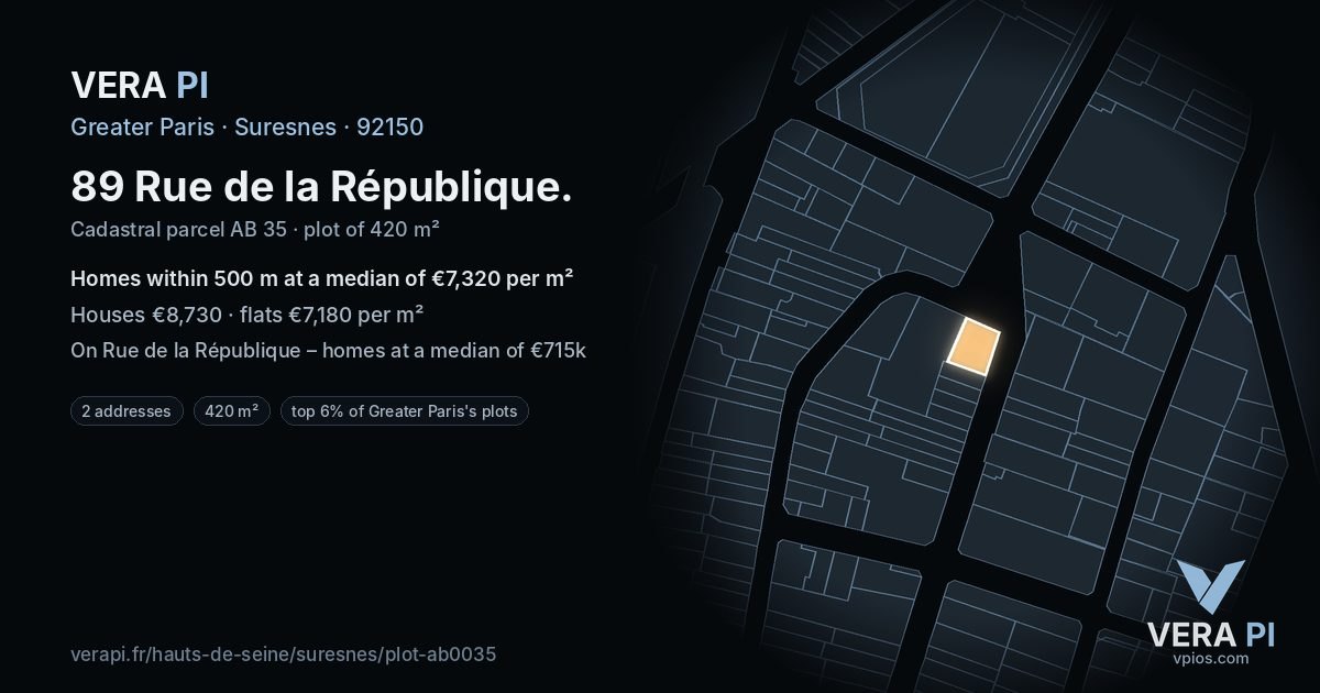 89 Rue de la République, Suresnes at night – the plot lit, the parcels around coloured by the prices near them