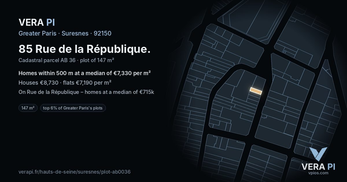 85 Rue de la République, Suresnes at night – the plot lit, the parcels around coloured by the prices near them