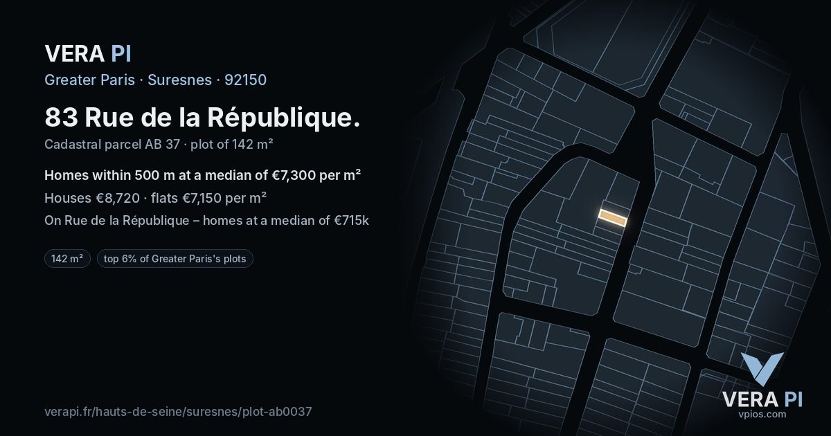 83 Rue de la République, Suresnes at night – the plot lit, the parcels around coloured by the prices near them