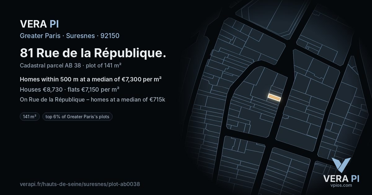 81 Rue de la République, Suresnes at night – the plot lit, the parcels around coloured by the prices near them