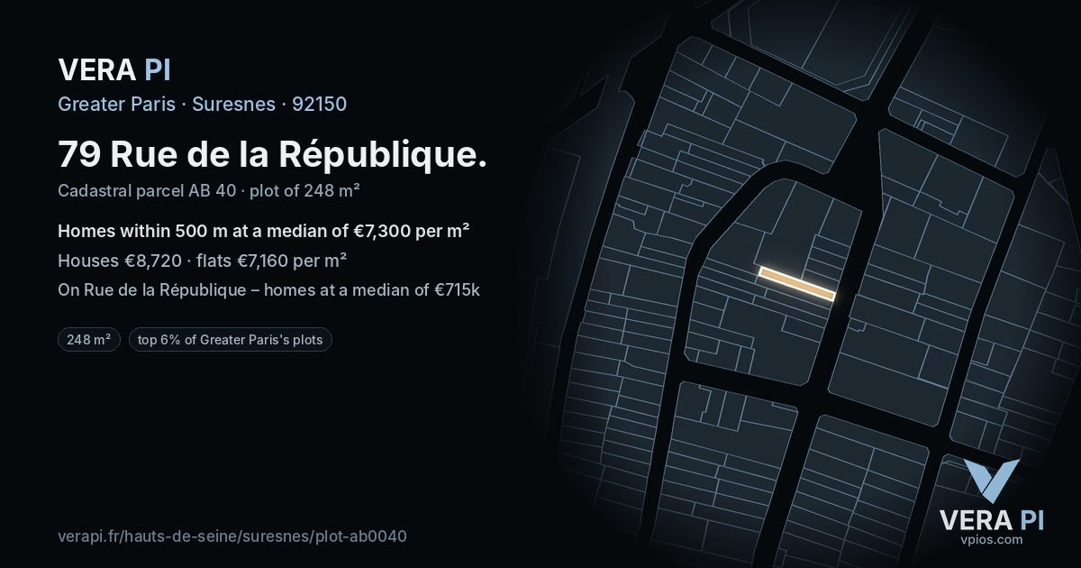 79 Rue de la République, Suresnes at night – the plot lit, the parcels around coloured by the prices near them