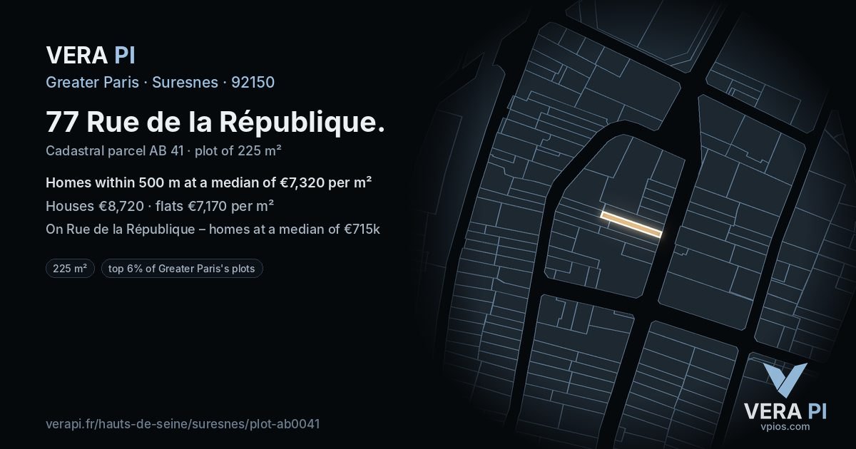 77 Rue de la République, Suresnes at night – the plot lit, the parcels around coloured by the prices near them