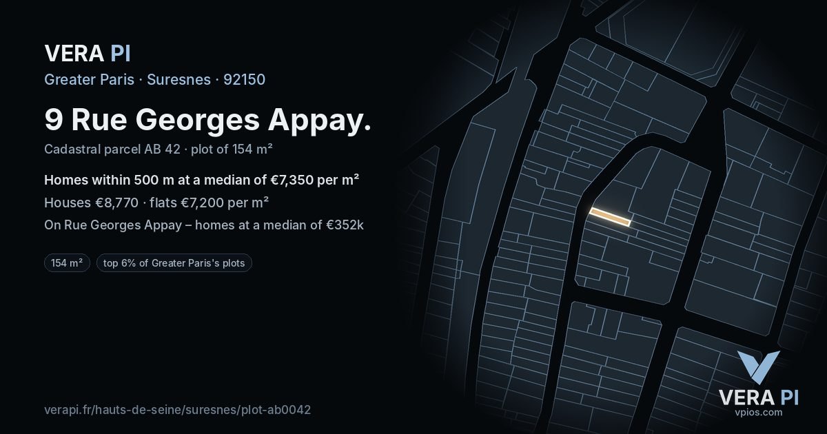 9 Rue Georges Appay, Suresnes at night – the plot lit, the parcels around coloured by the prices near them