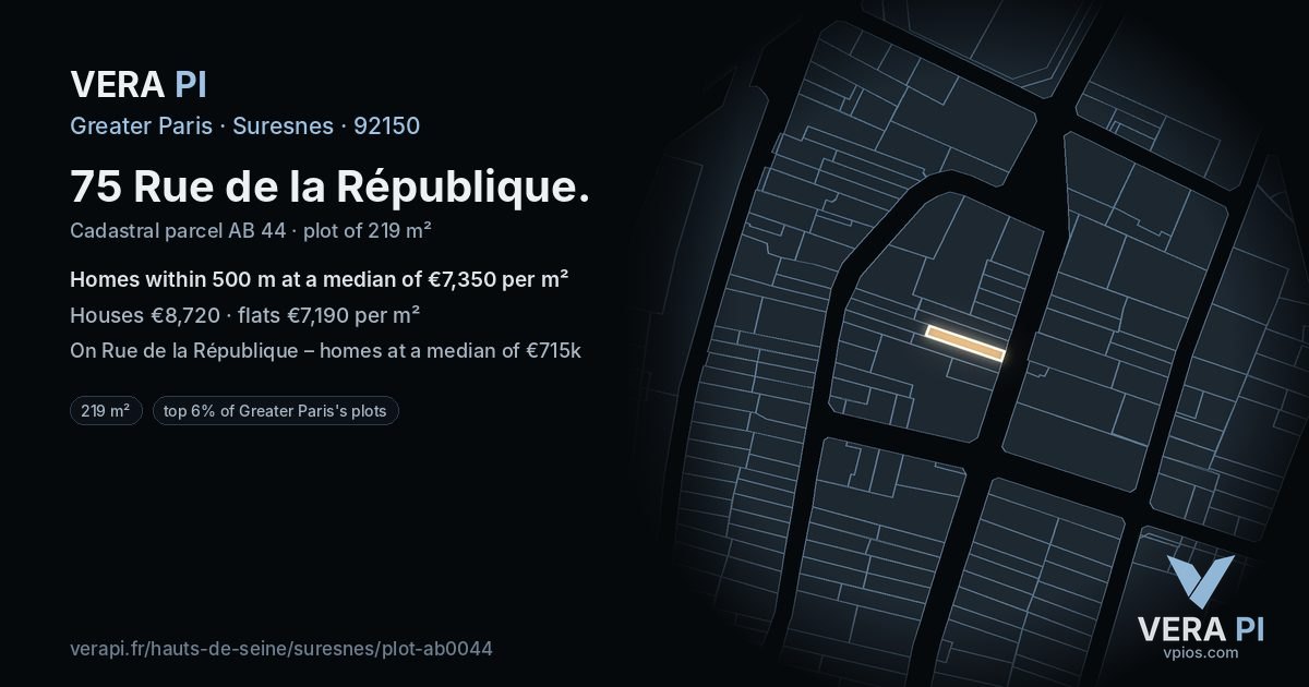 75 Rue de la République, Suresnes at night – the plot lit, the parcels around coloured by the prices near them