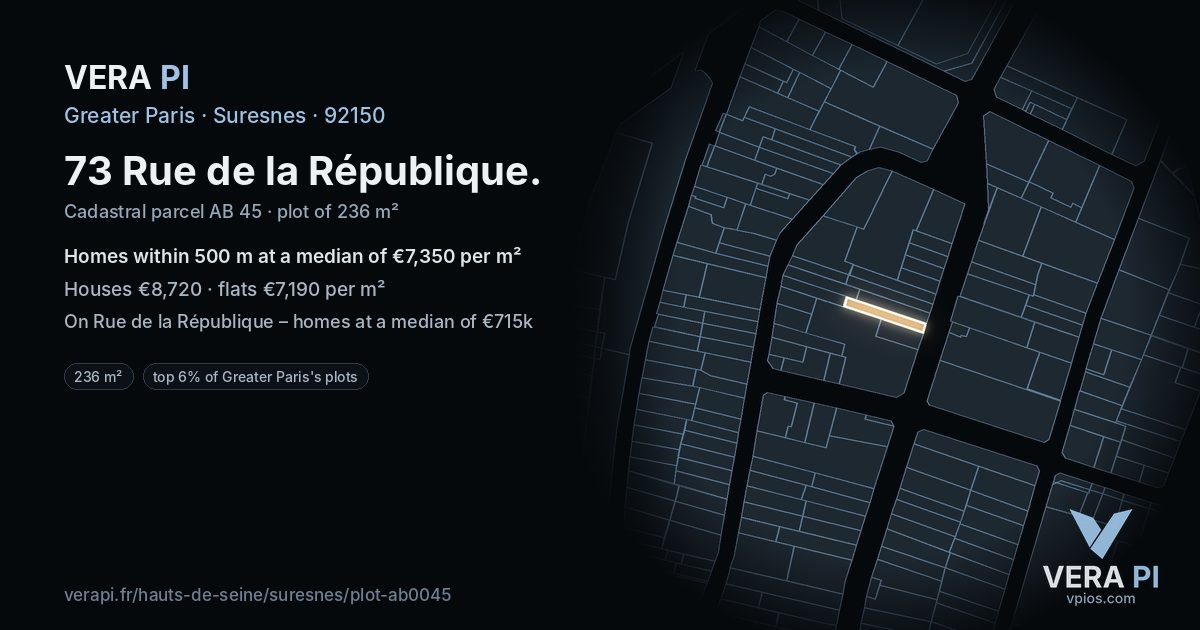 73 Rue de la République, Suresnes at night – the plot lit, the parcels around coloured by the prices near them