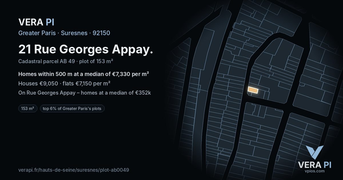 21 Rue Georges Appay, Suresnes at night – the plot lit, the parcels around coloured by the prices near them
