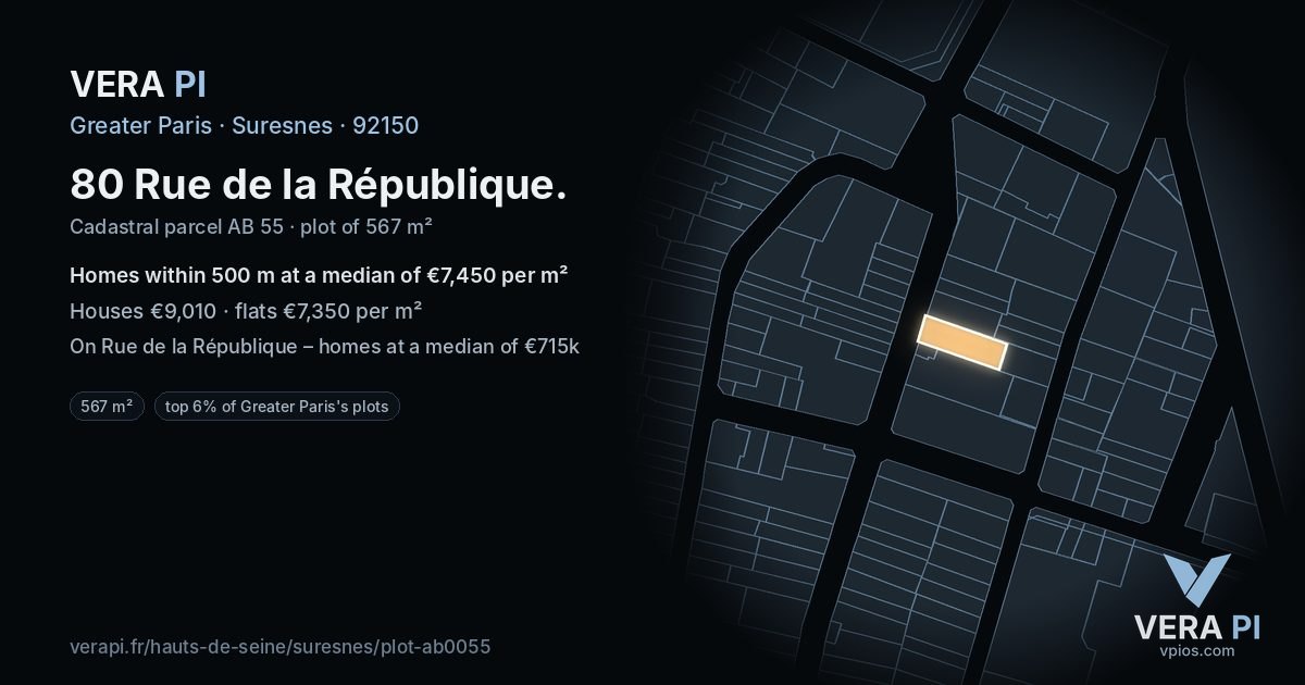 80 Rue de la République, Suresnes at night – the plot lit, the parcels around coloured by the prices near them