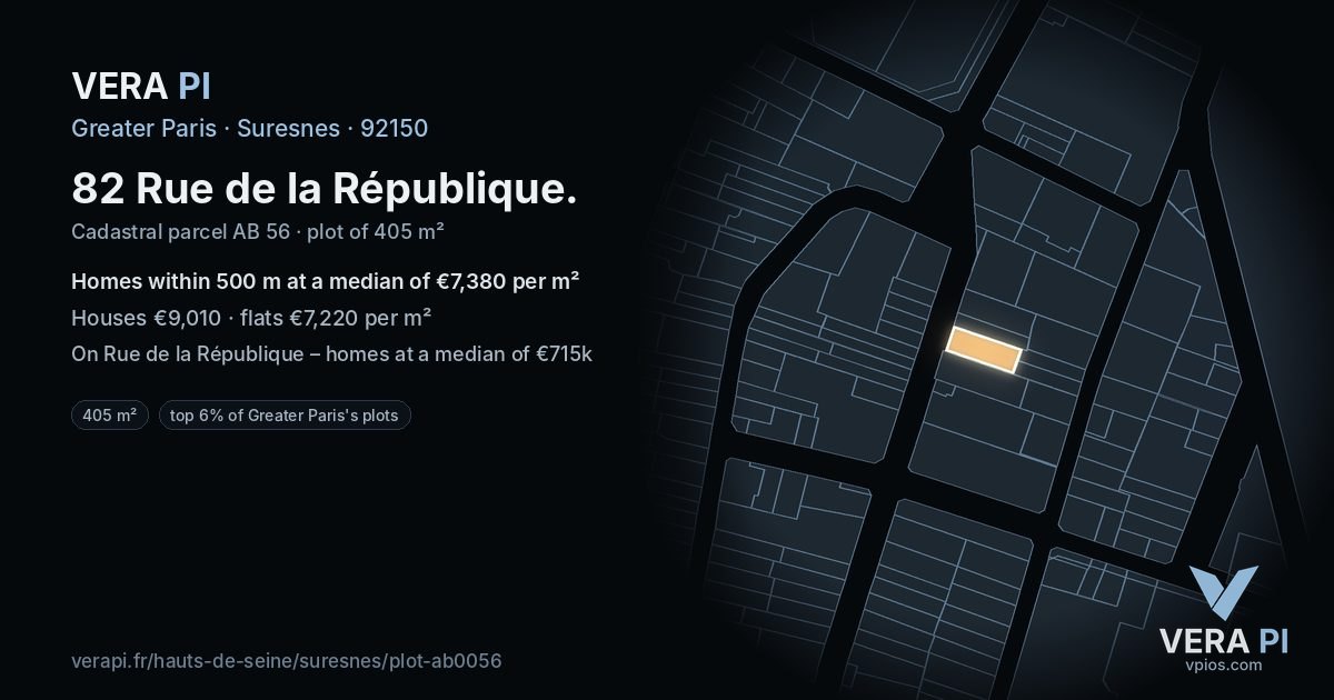 82 Rue de la République, Suresnes at night – the plot lit, the parcels around coloured by the prices near them