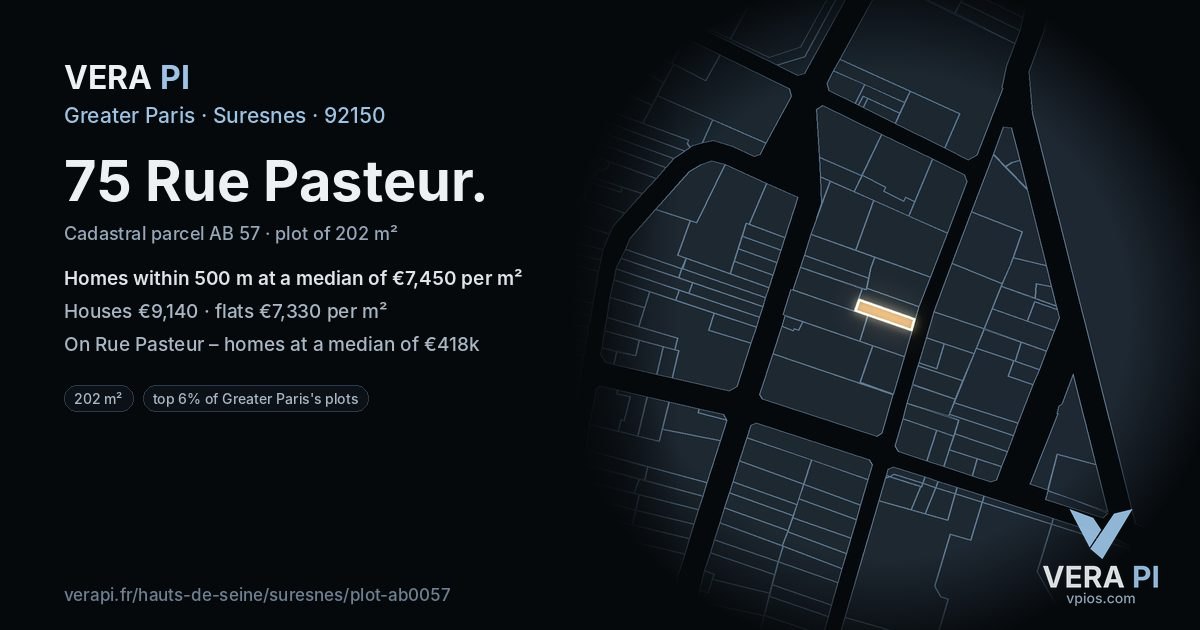 75 Rue Pasteur, Suresnes at night – the plot lit, the parcels around coloured by the prices near them
