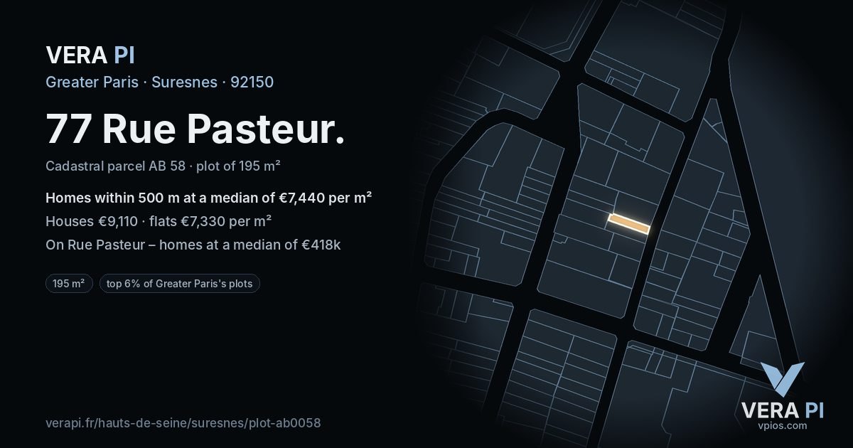 77 Rue Pasteur, Suresnes at night – the plot lit, the parcels around coloured by the prices near them