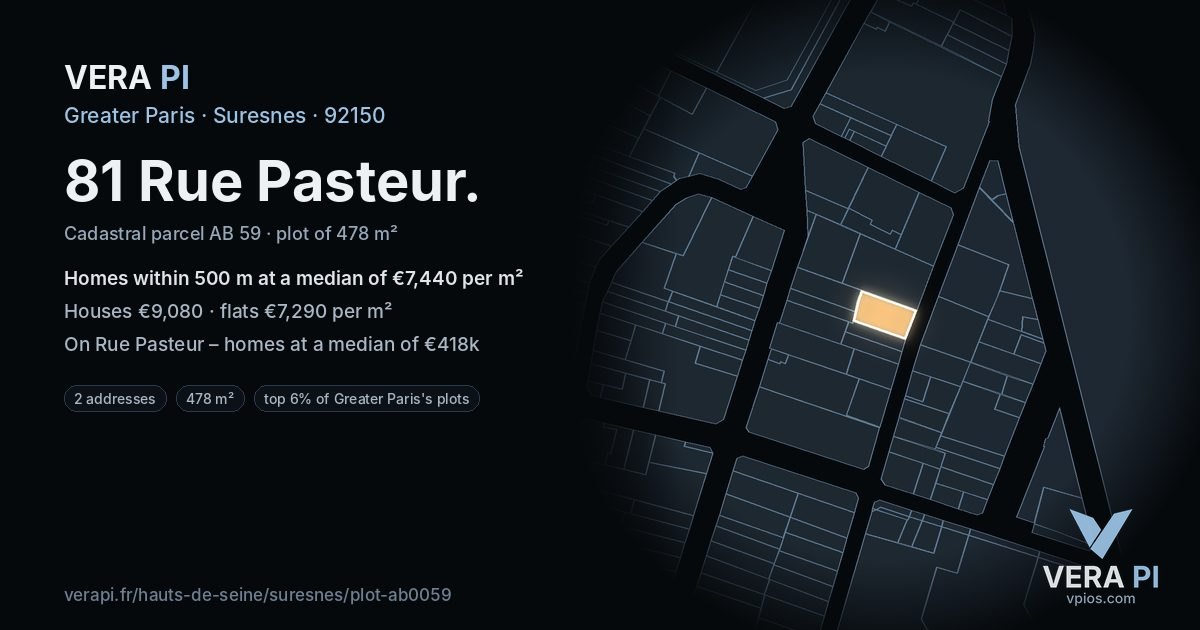 81 Rue Pasteur, Suresnes at night – the plot lit, the parcels around coloured by the prices near them