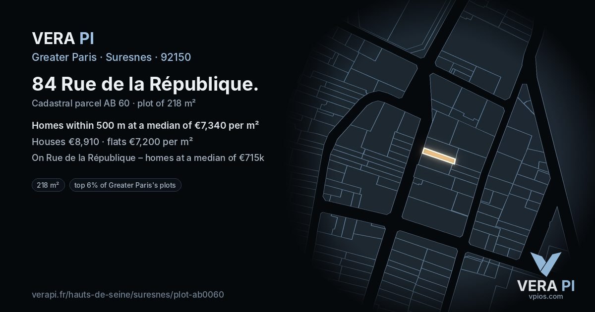 84 Rue de la République, Suresnes at night – the plot lit, the parcels around coloured by the prices near them