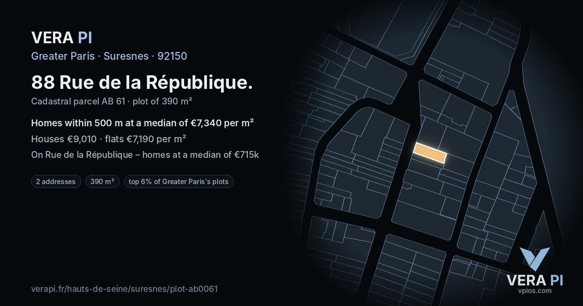 88 Rue de la République, Suresnes at night – the plot lit, the parcels around coloured by the prices near them