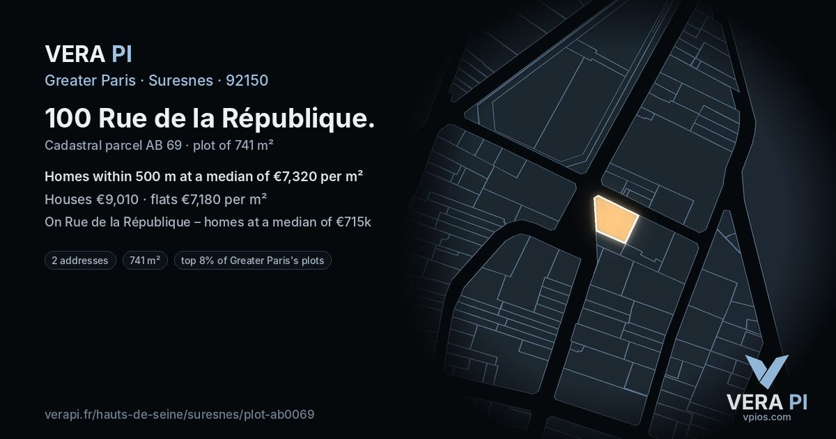 100 Rue de la République, Suresnes at night – the plot lit, the parcels around coloured by the prices near them