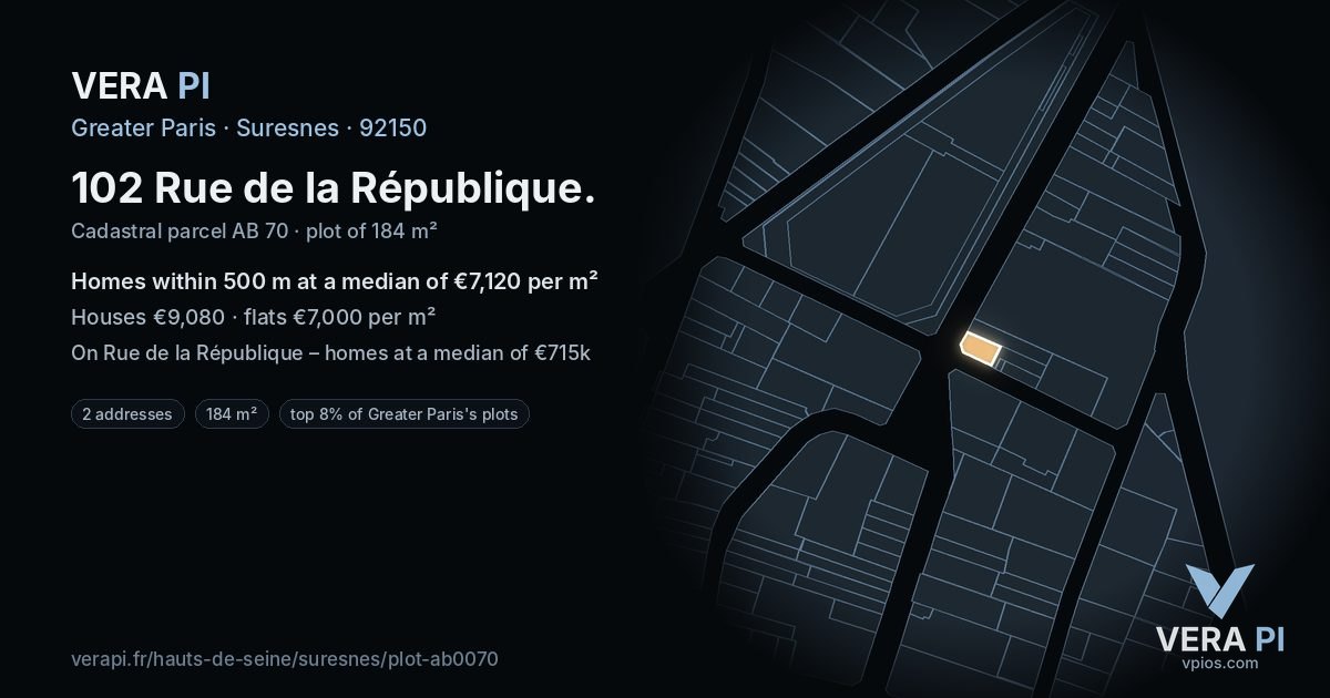 102 Rue de la République, Suresnes at night – the plot lit, the parcels around coloured by the prices near them
