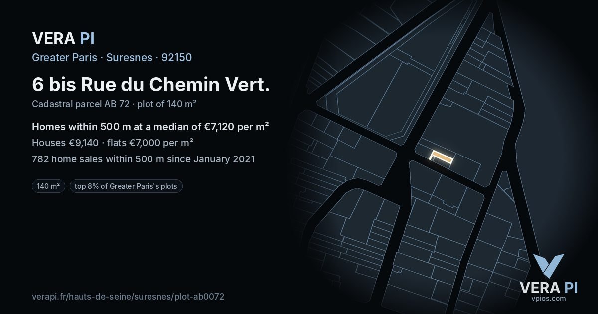 6 bis Rue du Chemin Vert, Suresnes at night – the plot lit, the parcels around coloured by the prices near them