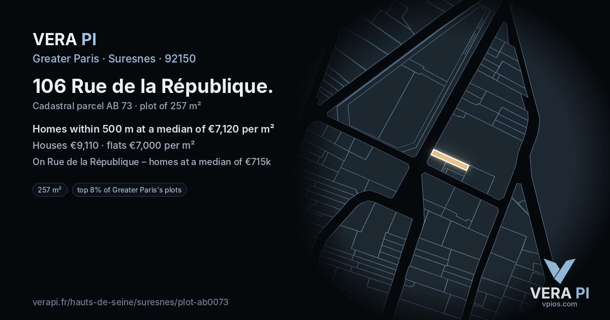 106 Rue de la République, Suresnes at night – the plot lit, the parcels around coloured by the prices near them
