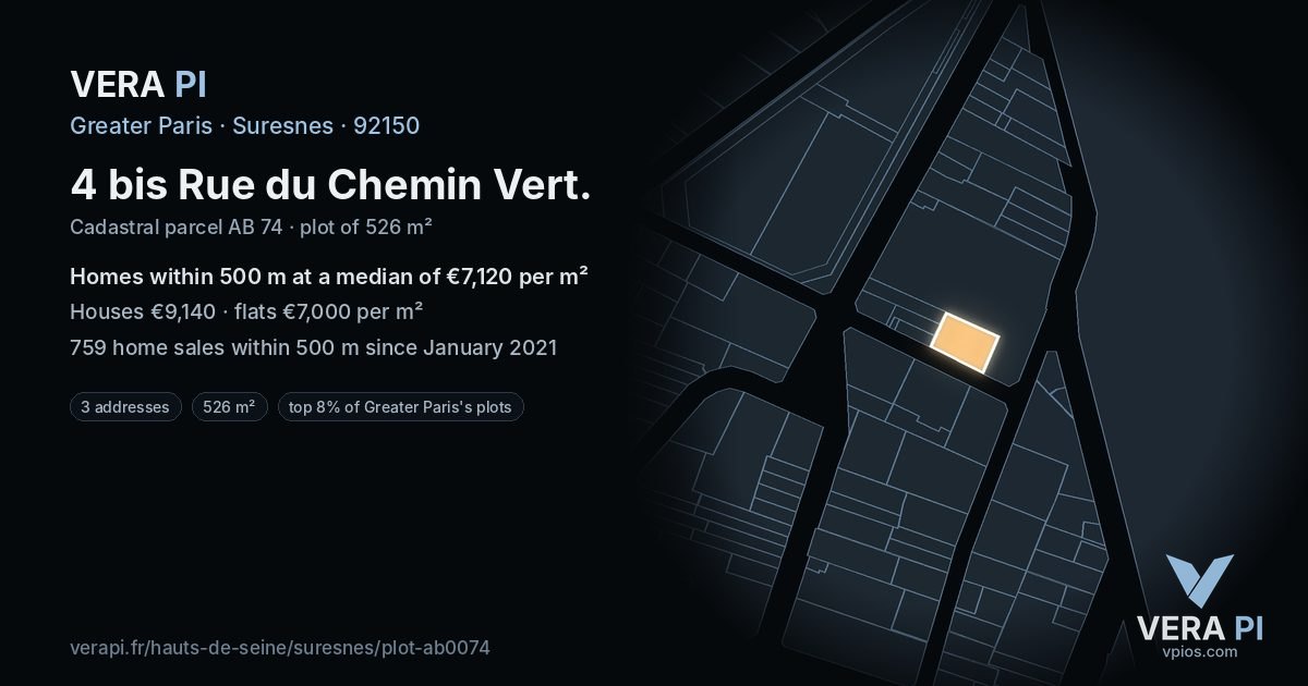 4 bis Rue du Chemin Vert, Suresnes at night – the plot lit, the parcels around coloured by the prices near them