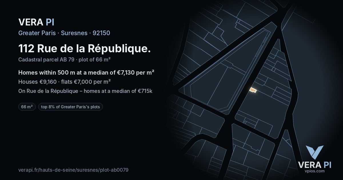 112 Rue de la République, Suresnes at night – the plot lit, the parcels around coloured by the prices near them