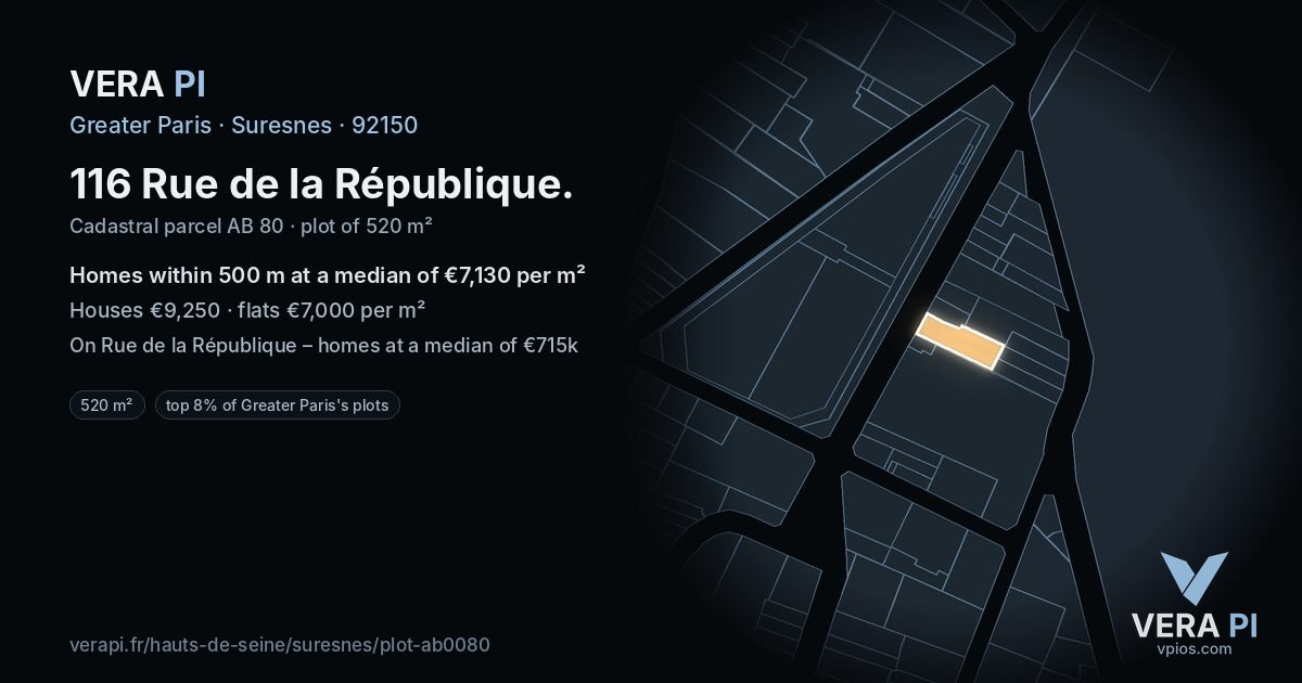 116 Rue de la République, Suresnes at night – the plot lit, the parcels around coloured by the prices near them