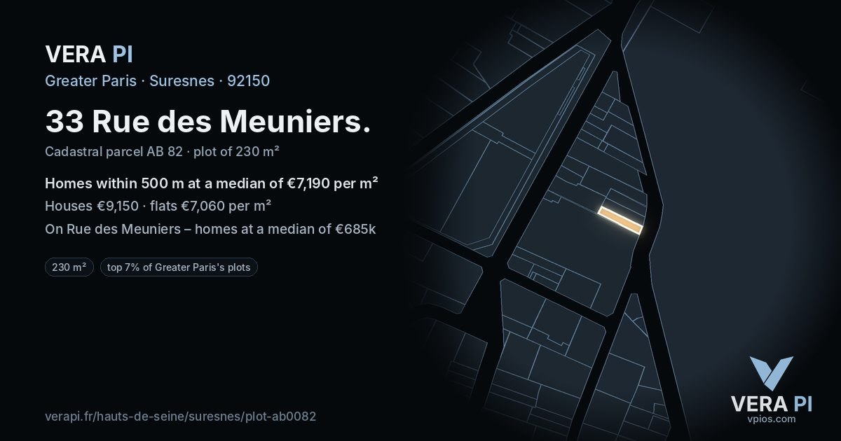33 Rue des Meuniers, Suresnes at night – the plot lit, the parcels around coloured by the prices near them