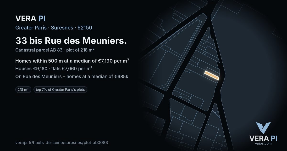 33 bis Rue des Meuniers, Suresnes at night – the plot lit, the parcels around coloured by the prices near them