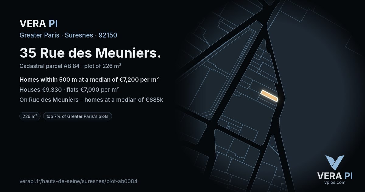 35 Rue des Meuniers, Suresnes at night – the plot lit, the parcels around coloured by the prices near them