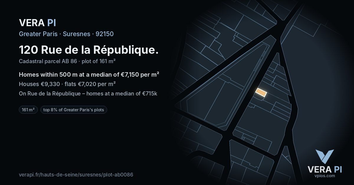 120 Rue de la République, Suresnes at night – the plot lit, the parcels around coloured by the prices near them