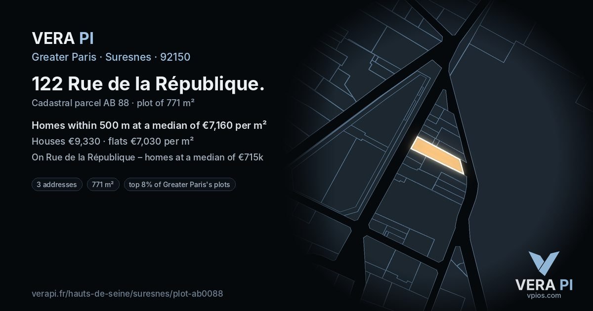 122 Rue de la République, Suresnes at night – the plot lit, the parcels around coloured by the prices near them