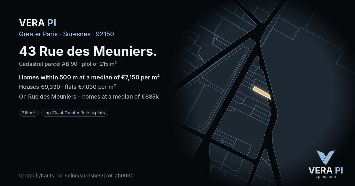 43 Rue des Meuniers, Suresnes at night – the plot lit, the parcels around coloured by the prices near them