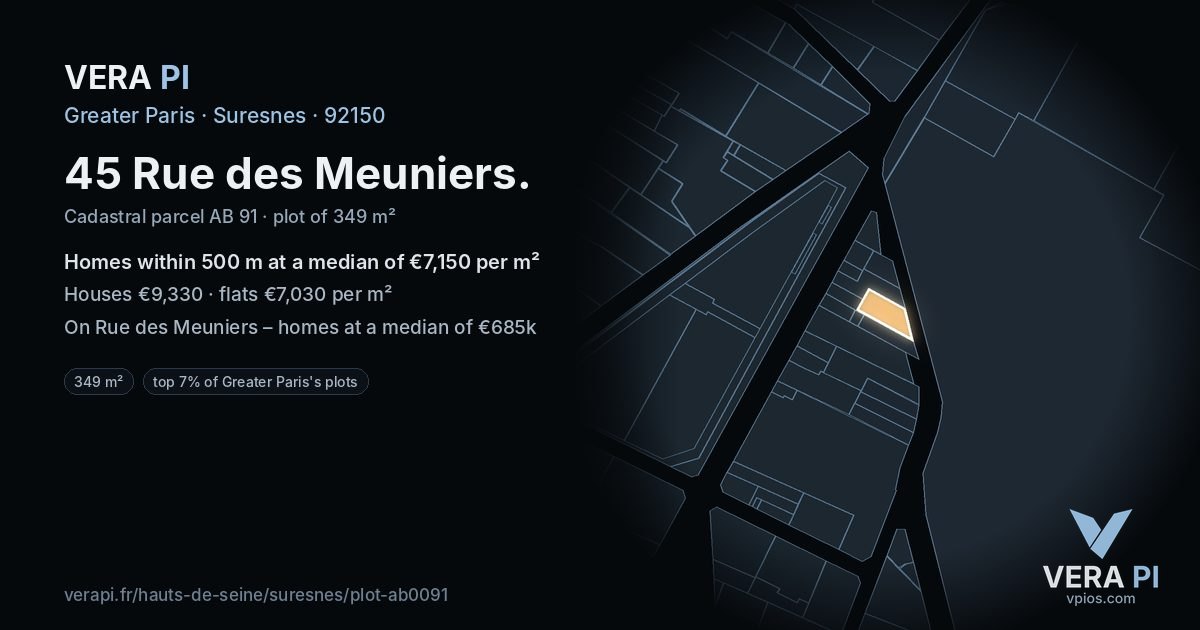 45 Rue des Meuniers, Suresnes at night – the plot lit, the parcels around coloured by the prices near them