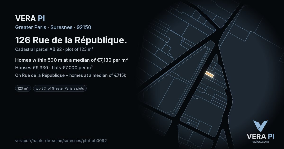 126 Rue de la République, Suresnes at night – the plot lit, the parcels around coloured by the prices near them