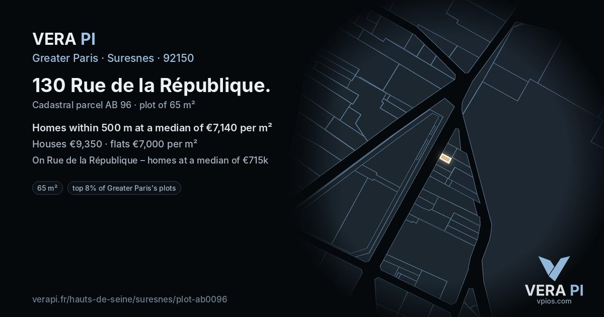 130 Rue de la République, Suresnes at night – the plot lit, the parcels around coloured by the prices near them