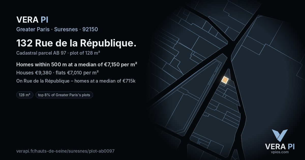 132 Rue de la République, Suresnes at night – the plot lit, the parcels around coloured by the prices near them