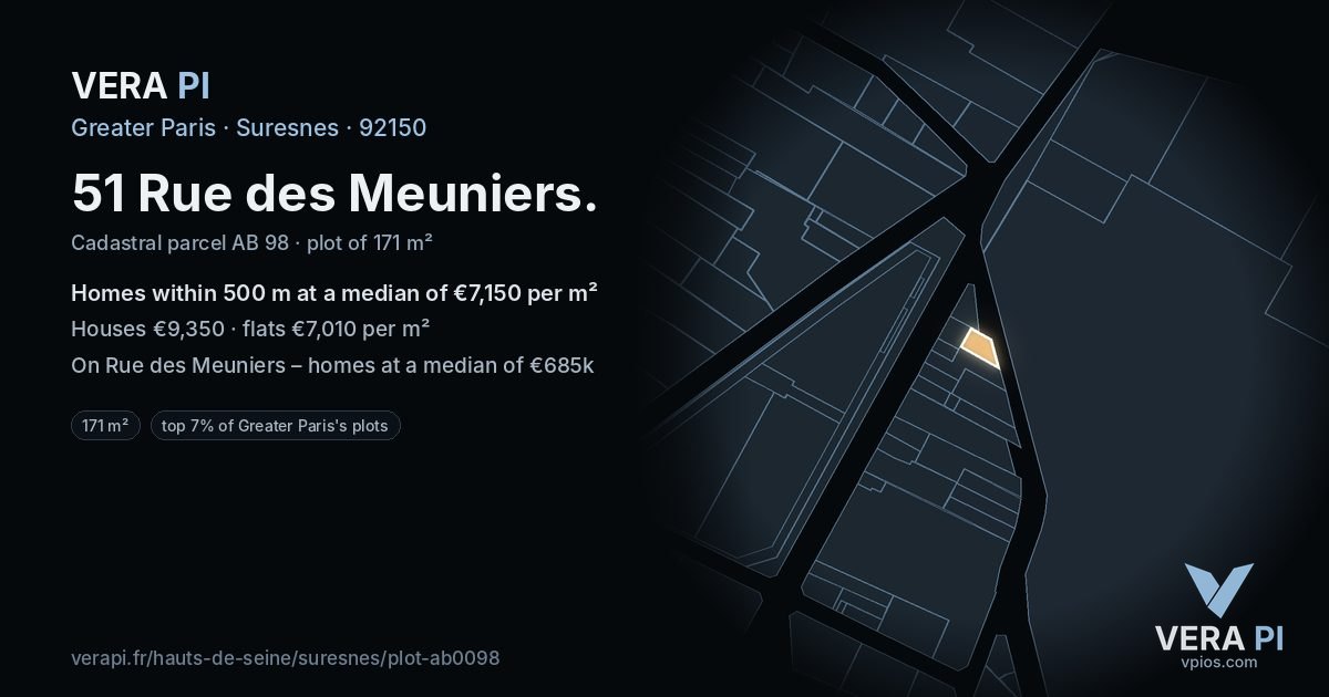 51 Rue des Meuniers, Suresnes at night – the plot lit, the parcels around coloured by the prices near them