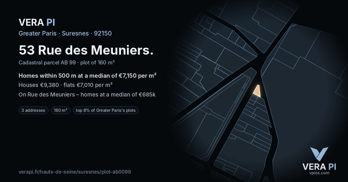 53 Rue des Meuniers, Suresnes at night – the plot lit, the parcels around coloured by the prices near them